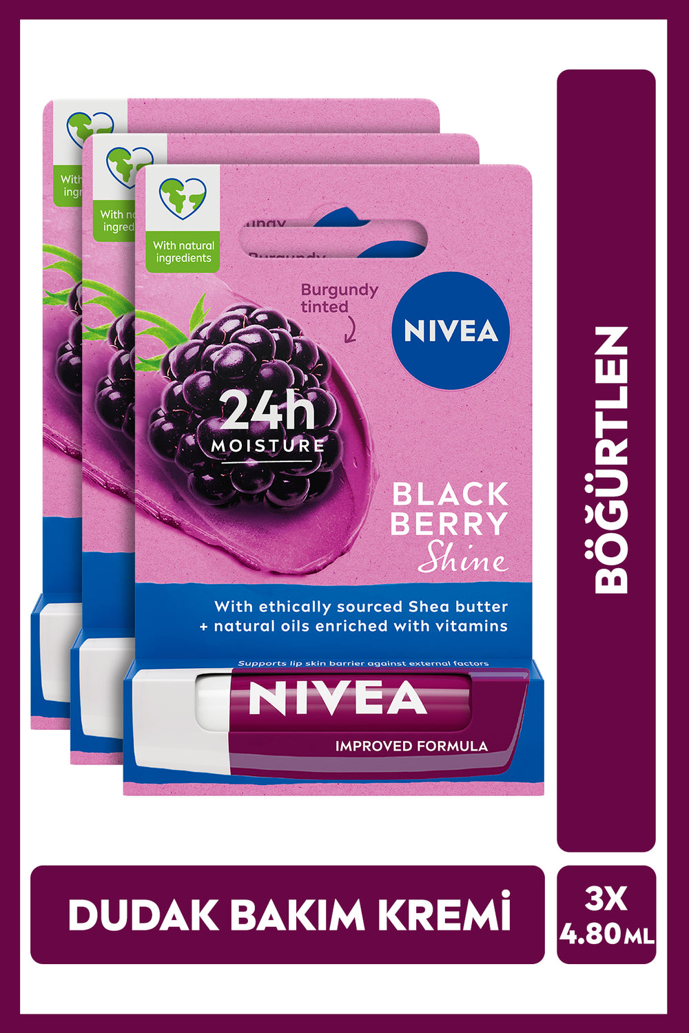 Nivea Blackberry Colored Lip Care Cream, Moisturizer, Light Burgundy Shimmer, Lip Gloss, X3 Pieces