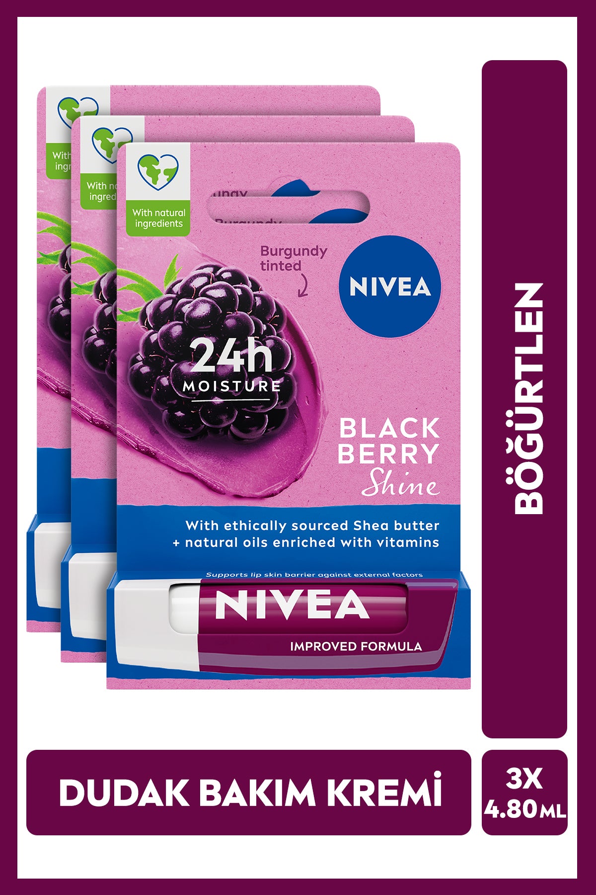 Nivea Blackberry Colored Lip Care Cream, Moisturizer, Light Burgundy Shimmer, Lip Gloss, X3 Pieces