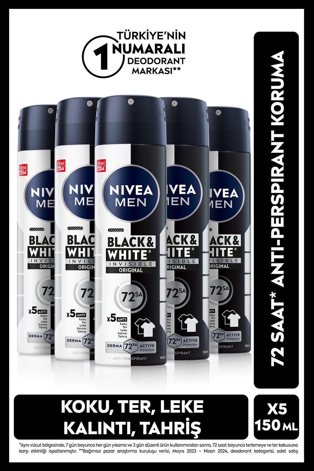 Nivea MEN Men's Spray Deodorant Black&White Invisible Original 150ml, 72 Hours Anti-perspirant, X5 Pieces