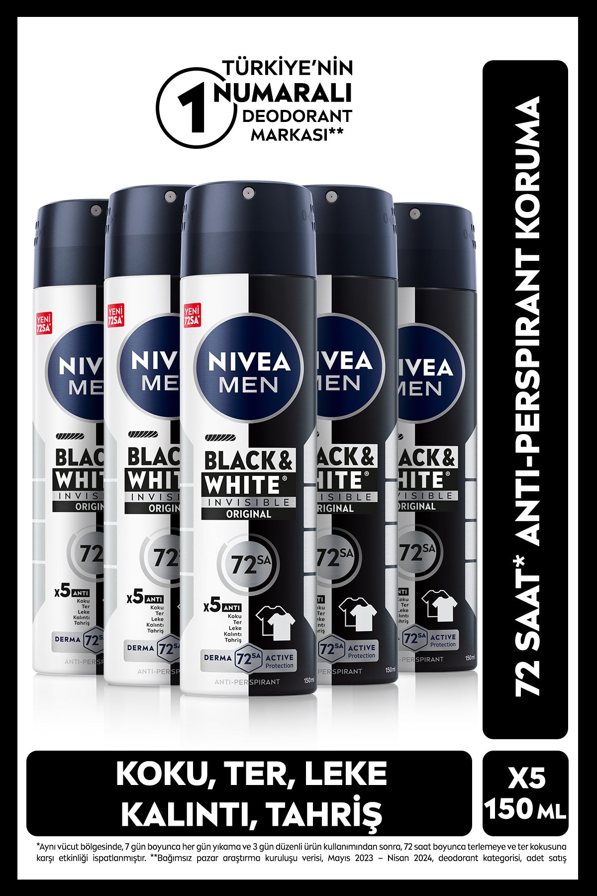 Nivea MEN Men's Spray Deodorant Black&White Invisible Original 150ml, 72 Hours Anti-perspirant, X5 Pieces