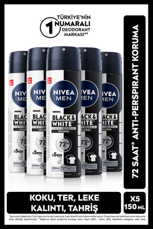 Nivea MEN Men's Spray Deodorant Black&White Invisible Original 150ml, 72 Hours Anti-perspirant, X5 Pieces