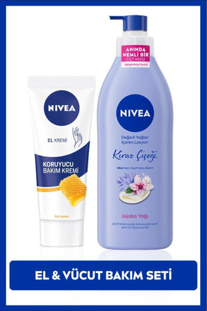Nivea Moisturizing Cherry Blossom Body Lotion 400ml and Protective Beeswax Hand Care Cream 75ml