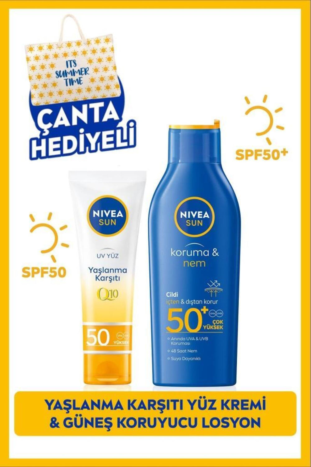 Nivea SUN SPF50+ Sunscreen Body Lotion 200ml and Q10 Anti-Aging Face Cream 50ml, Gift Bag