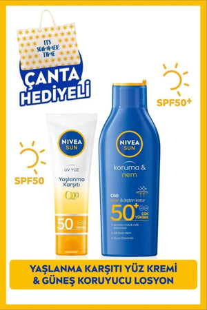 Nivea SUN SPF50+ Sunscreen Body Lotion 200ml and Q10 Anti-Aging Face Cream 50ml, Gift Bag