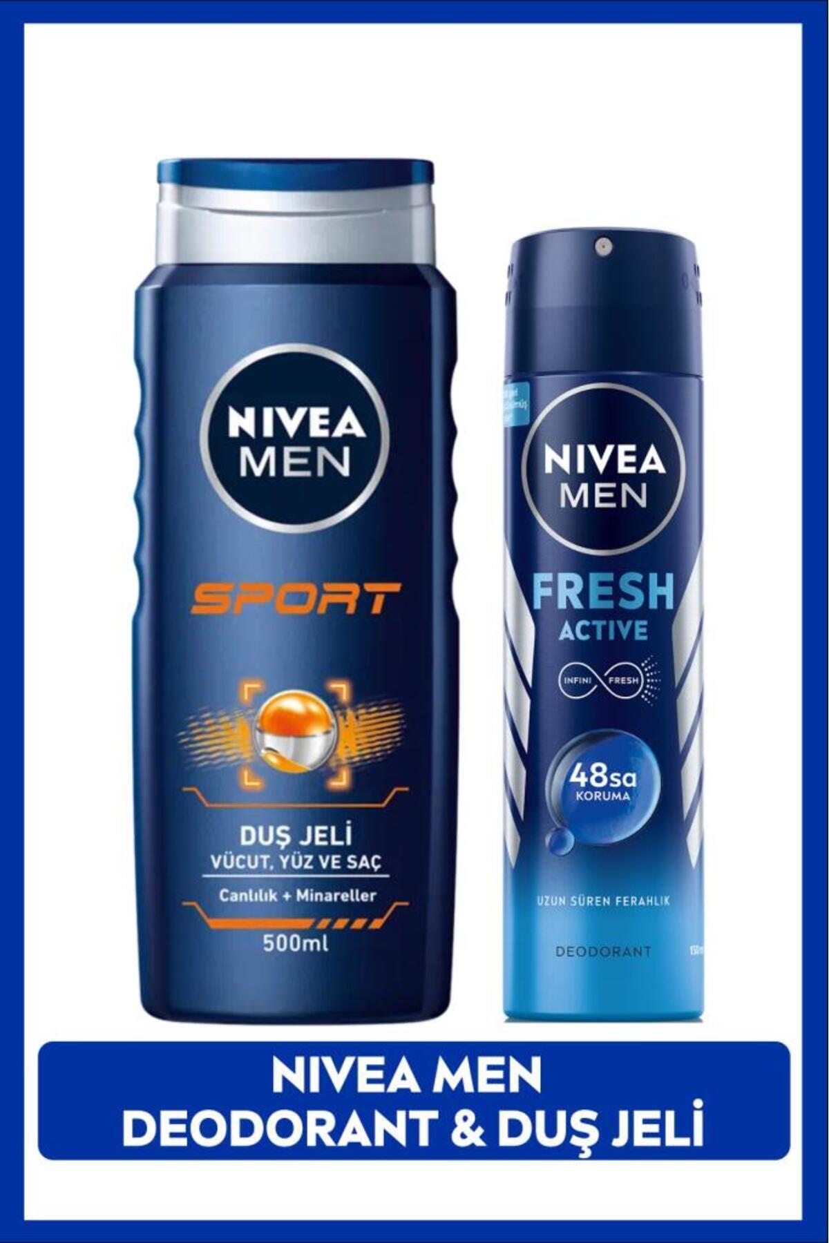Nivea MEN Men's Spray Deodorant Fresh Active 150ml and Sport Shower Gel 500ml, 48 Hours Protection Against Sweat Odor