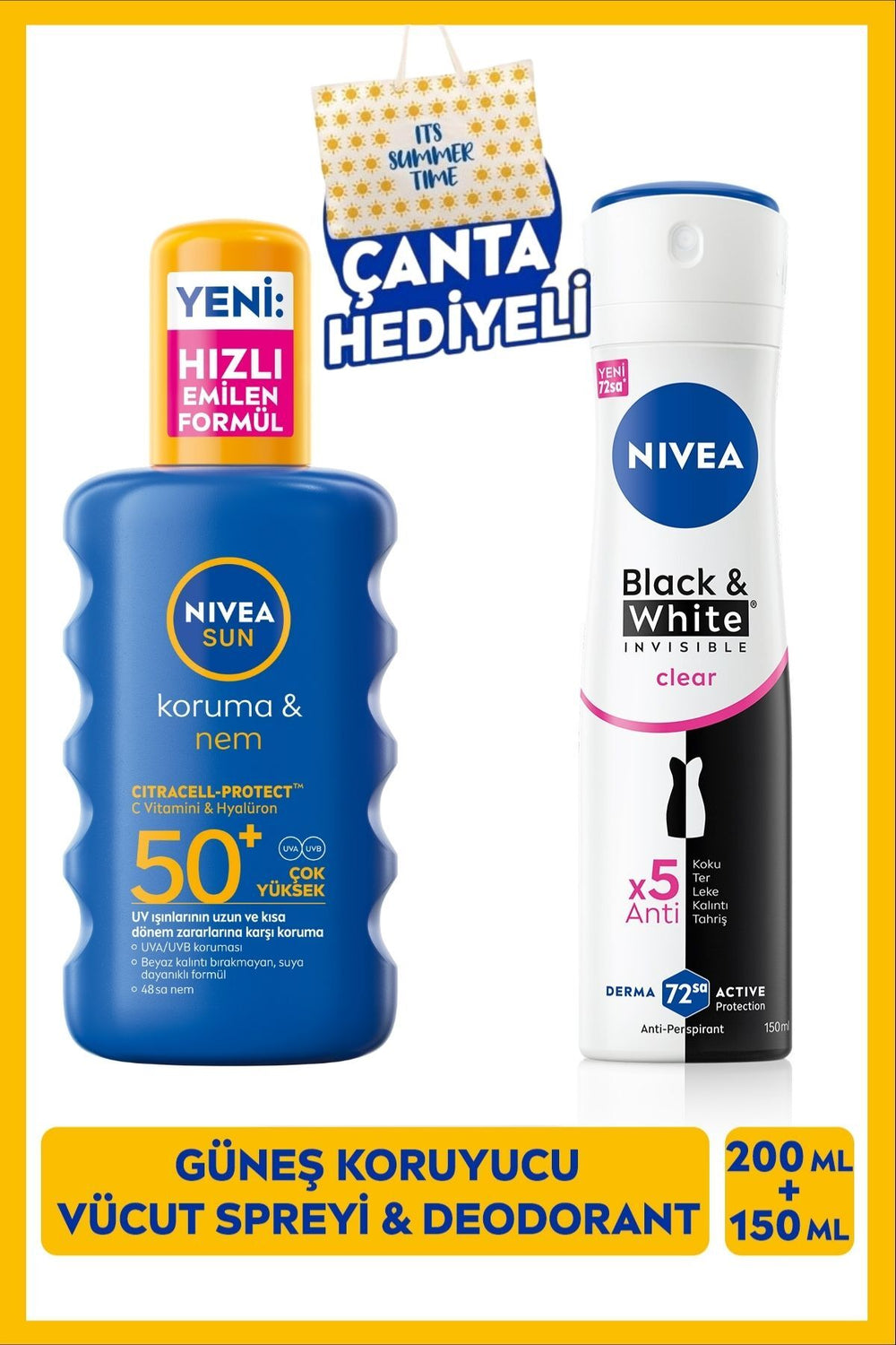 Nivea SUN SPF50+ High Sun Protection Spray 200ml and Women's Spray Deodorant 150ml, Beach Bag Gift