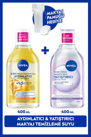 Nivea Brightening and Soothing Micellar Makeup Cleansing Water Set 400ml+400ml Cotton Gift, Sensitive Skin