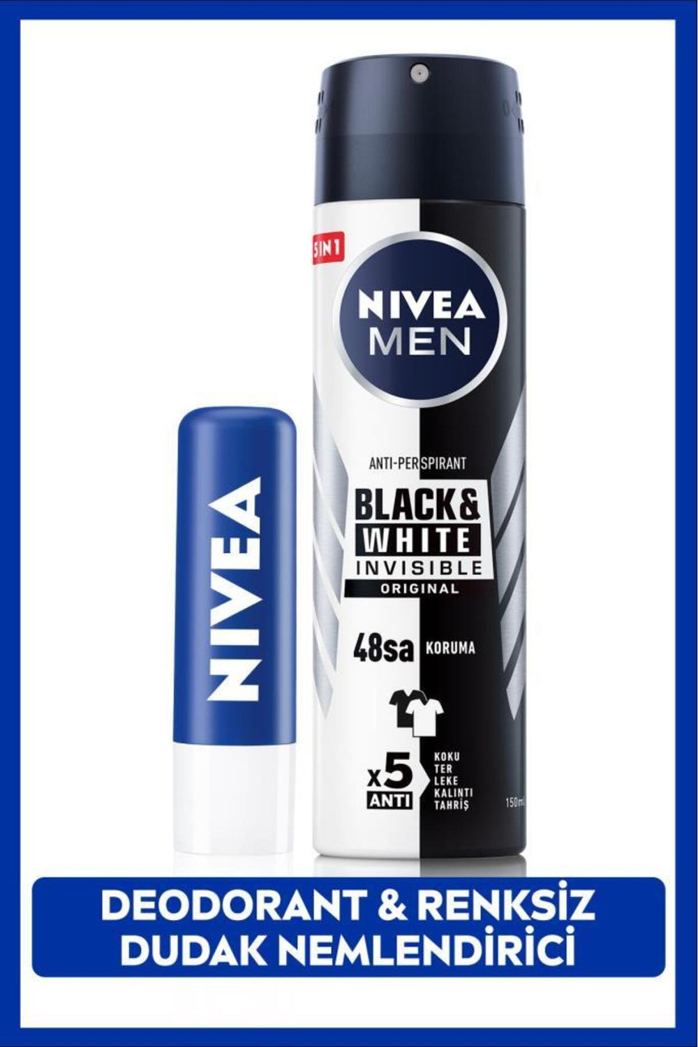 Nivea MEN Men's Spray Deodorant Black&White Invisible Original 150ml and Original Care Colorless Lip Cream
