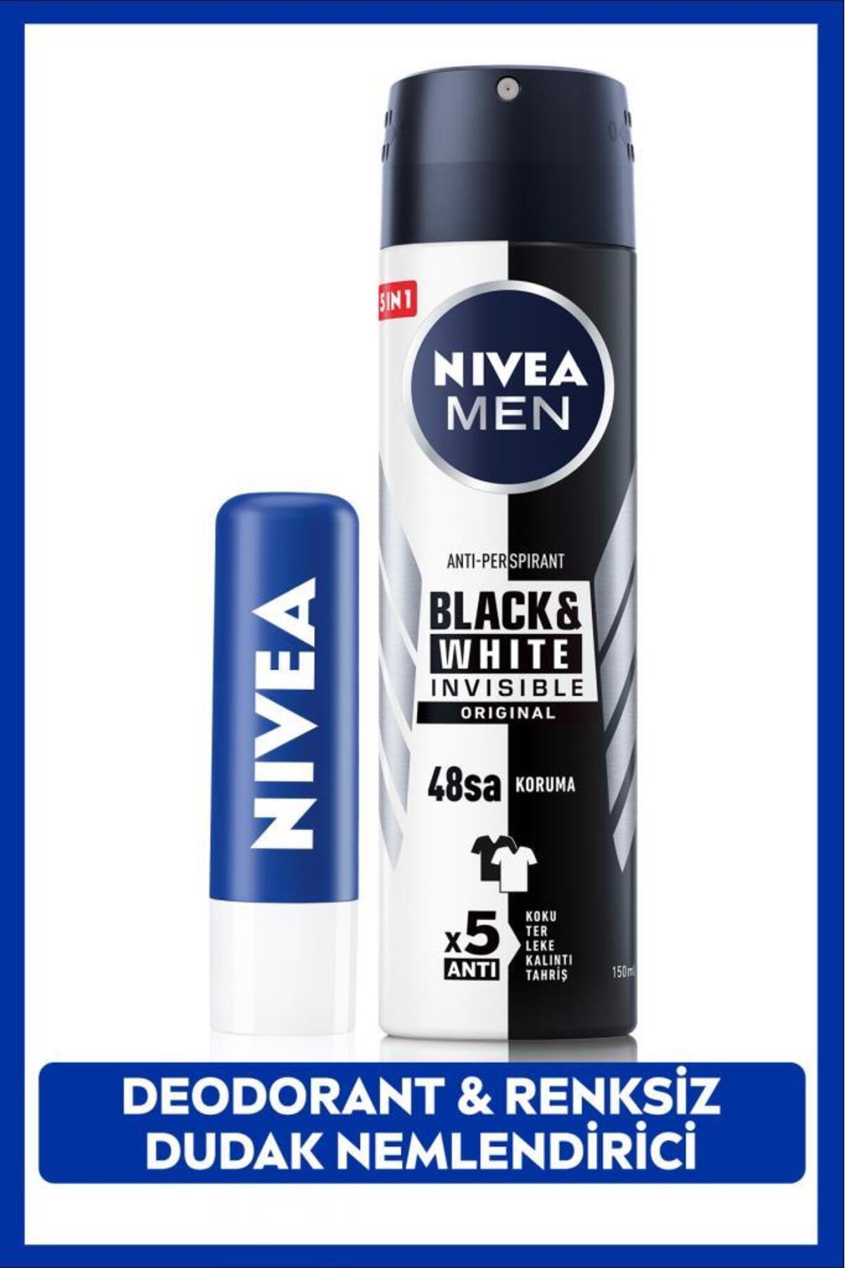 Nivea MEN Men's Spray Deodorant Black&White Invisible Original 150ml and Original Care Colorless Lip Cream