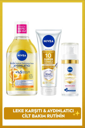 Nivea Anti-Blemish and Brightening Skin Care Set, Luminous630 Serum, Make-up Cleansing Water, Body Lotion