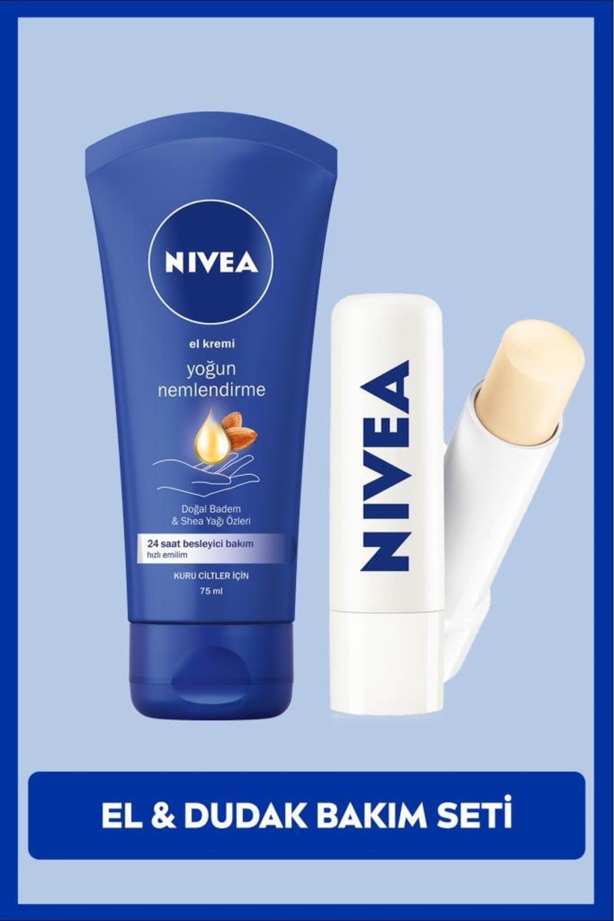 Nivea Care Set for Dry and Sensitive Skin, Moisturizing Lip Care Cream Med Repair and Hand Cream 75ml