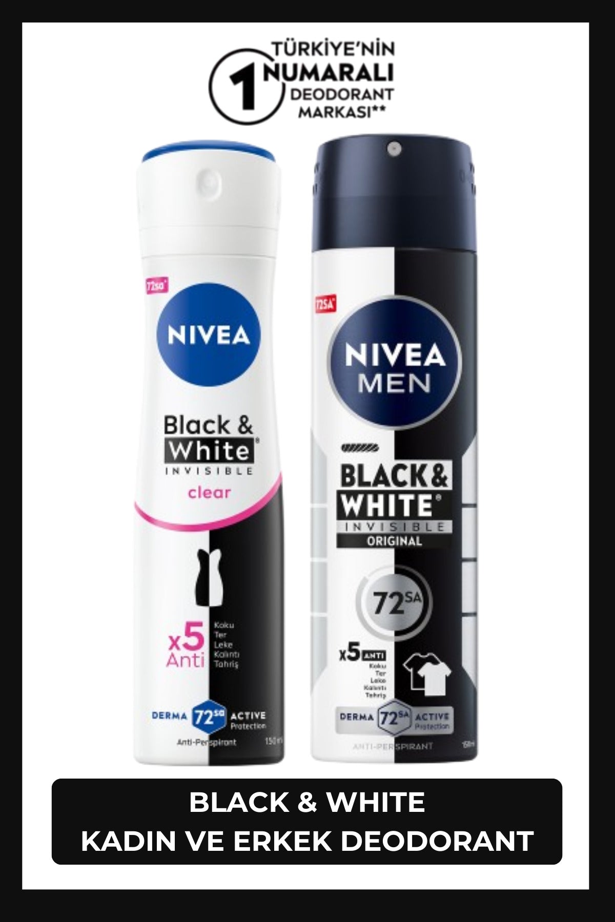 Nivea MEN Men's and Women's Black&White Spray Deodorant Set, 72 Hours Sweat Protection, Alcohol-Free, Does Not Leave Stains