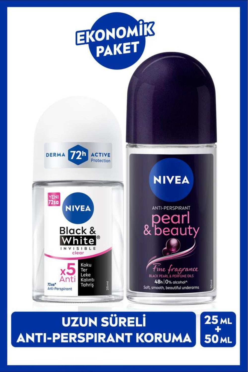 Nivea Women's Roll-on Deodorant Pearl&Beauty 50ml and Mini Roll-on Black&White 25ml, Anti-perspirant Protection