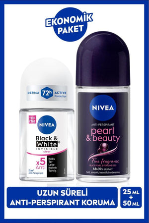 Nivea Women's Roll-on Deodorant Pearl&Beauty 50ml and Mini Roll-on Black&White 25ml, Anti-perspirant Protection