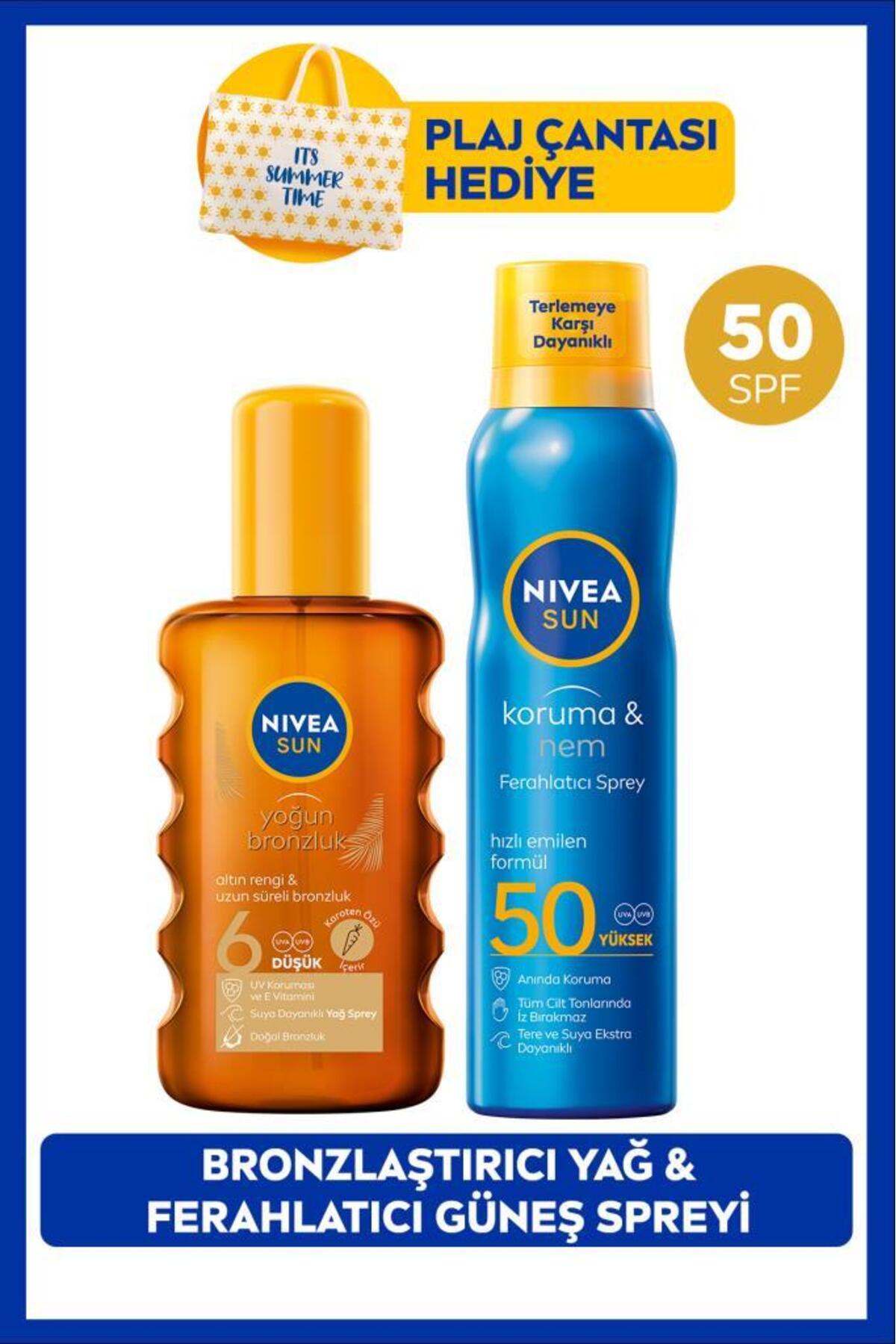 Nivea SUN SPF50 Refreshing Sunscreen Spray 200ml and Bronzing Sun Oil 200ml, Bag Gift