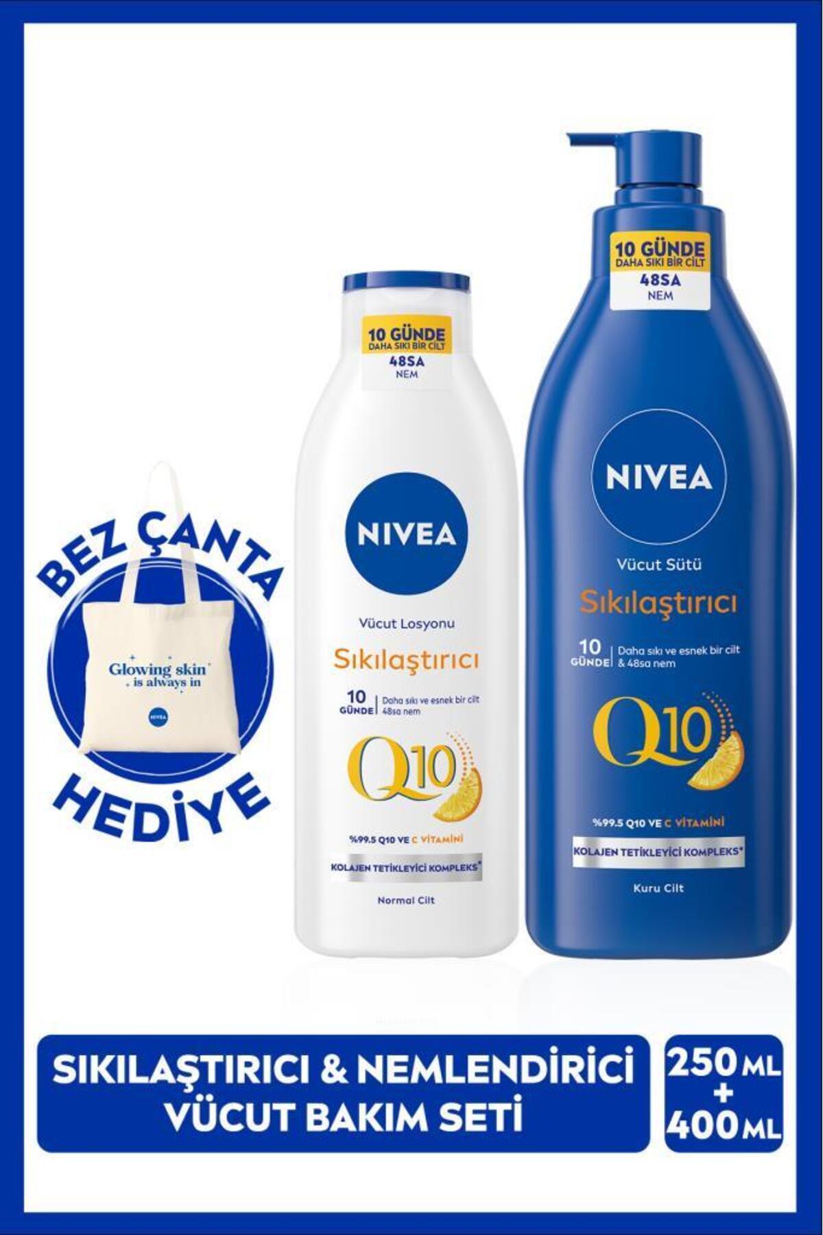 Nivea Q10 Firming Body Care Milk 400ml And Moisturizing Lotion 250ml, Cloth Bag Gift, Vitamin C