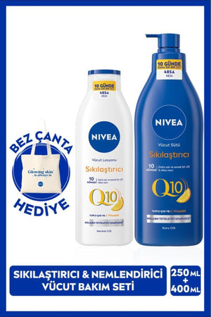 Nivea Q10 Firming Body Care Milk 400ml And Moisturizing Lotion 250ml, Cloth Bag Gift, Vitamin C