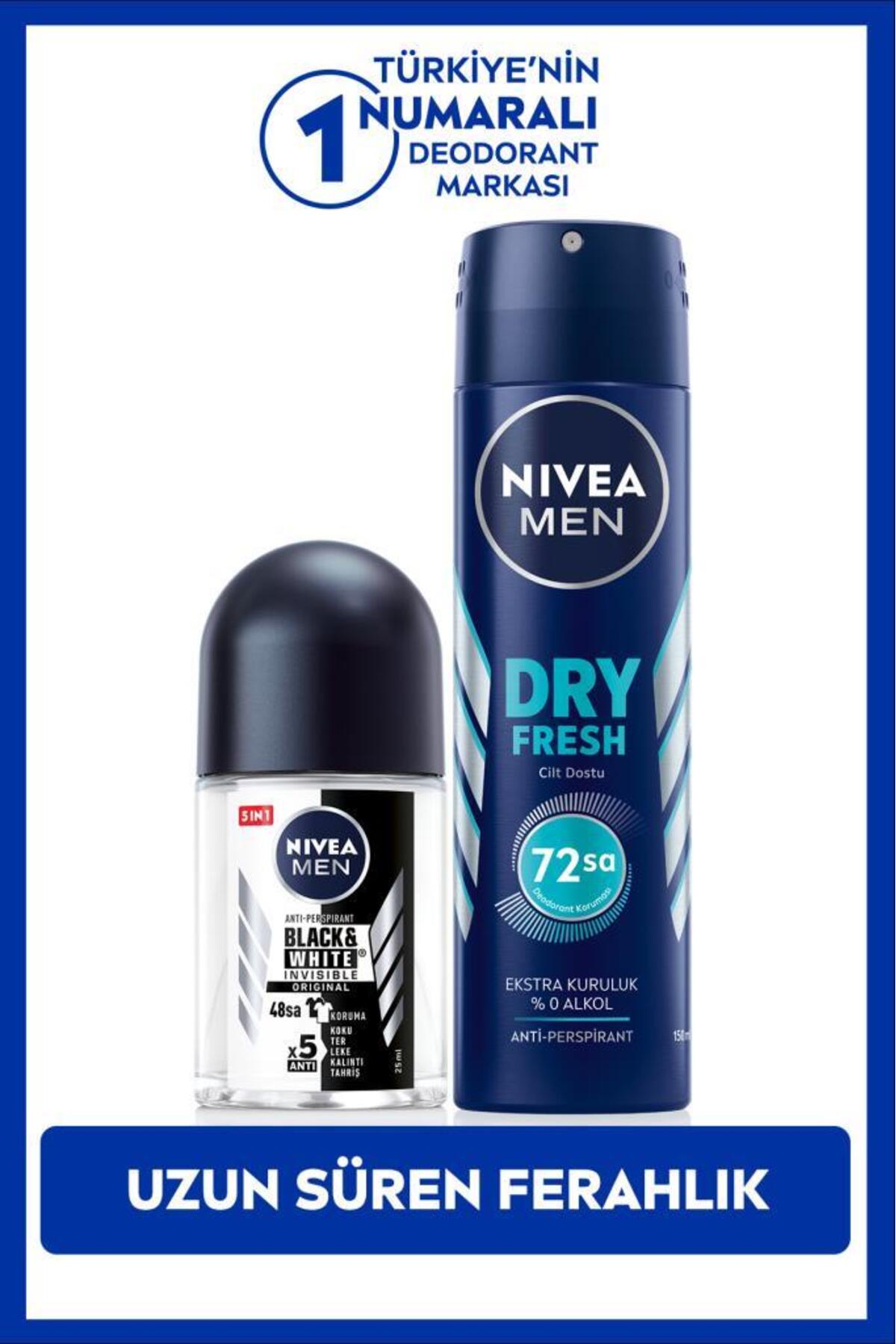 Nivea MEN Men's Spray Deodorant Dry Fresh 150ml and Mini Roll-on Black&White Original 25ml, Anti-Sweat