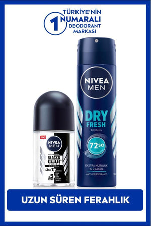 Nivea MEN Men's Spray Deodorant Dry Fresh 150ml and Mini Roll-on Black&White Original 25ml, Anti-Sweat