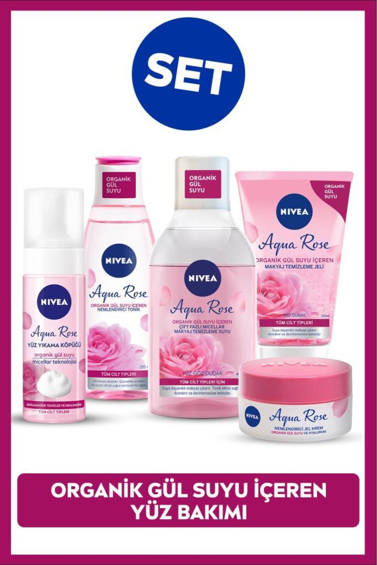 Nivea Aqua Rose Dowry Set with Rose Water, Make-up Remover Water and Gel, Face Washing Foam, Tonic, Cream