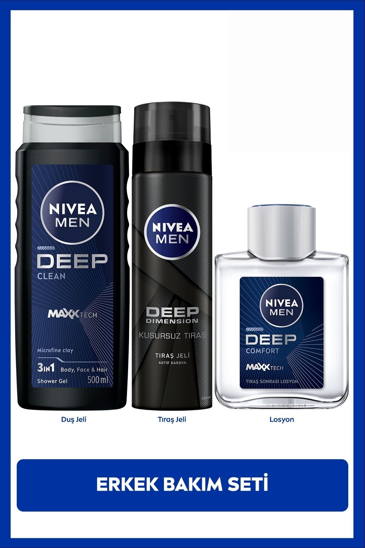 Nivea MEN Men's Deep Dimension Shower Gel 500ml, Shaving Gel 200ml and After Shave Lotion 100ml, Care Set