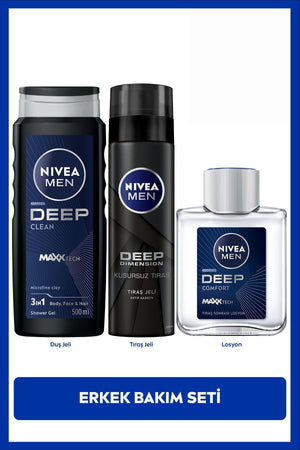 Nivea MEN Men's Deep Dimension Shower Gel 500ml, Shaving Gel 200ml and After Shave Lotion 100ml, Care Set