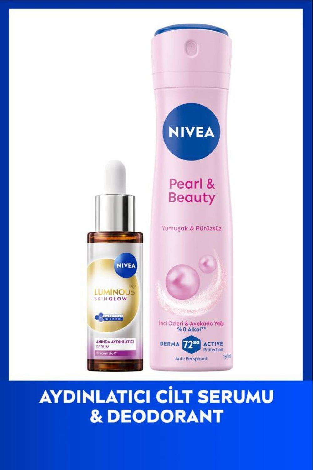 Nivea Luminous630 Skin Glow Illuminating Serum 30ml and Pearl&Beauty Spray Deodorant 150ml, Anti-Sweat
