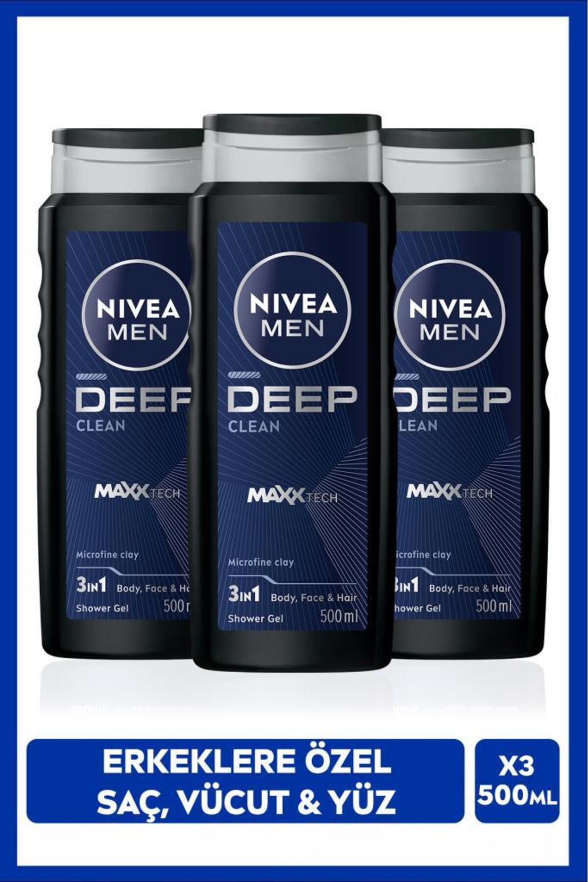 Nivea MEN Men's Deep Dimension Bath and Shower Gel 500ml, 3 in 1 Complete Care, Body Hair Face