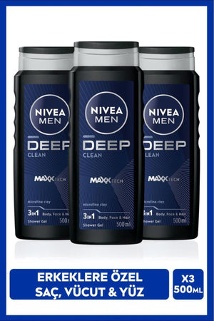 Nivea MEN Men's Deep Dimension Bath and Shower Gel 500ml, 3 in 1 Complete Care, Body Hair Face