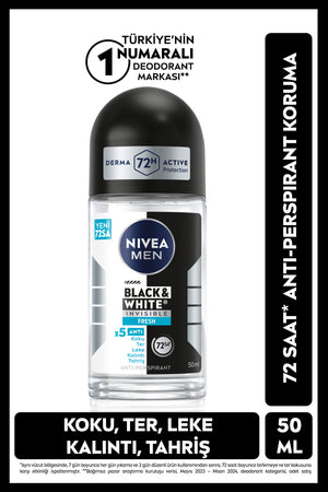 Nivea MEN Men's Roll-on Deodorant Black&White Invisible Fresh 50ml, 72 Hours Anti-perspirant Sweat Protection