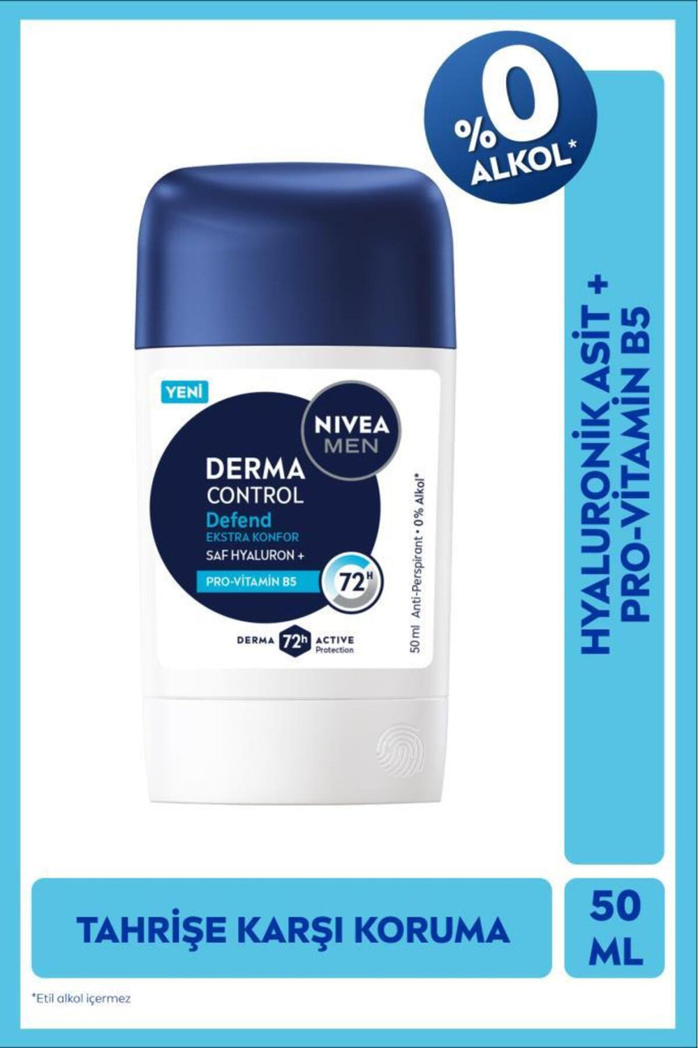 Nivea MEN Men's Stick Deodorant Derma Control Defend 50ml, 72 Hours Anti-perspirant, Alcohol-Free, Hyaluron