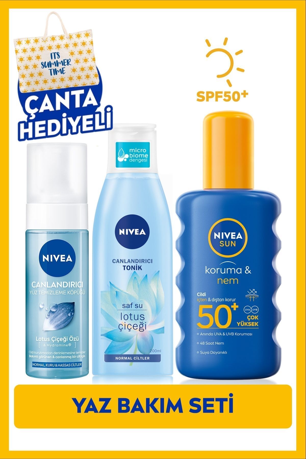 Nivea SUN SPF50 Sunscreen Spray 200ml, Facial Cleansing Foam 150ml and Tonic 200ml, Beach Bag Gift