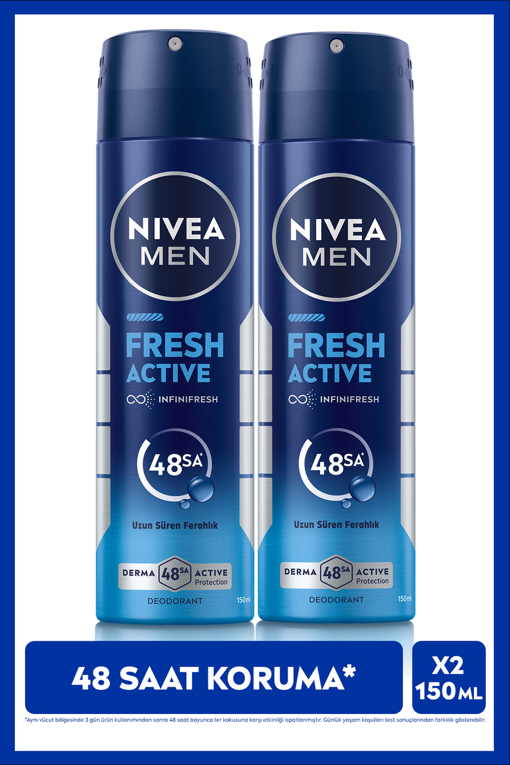 Nivea MEN Men's Spray Deodorant Fresh Active 150ml, 48 Hour Protection Against Sweat Odor, X2 Pieces
