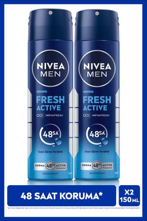 Nivea MEN Men's Spray Deodorant Fresh Active 150ml, 48 Hour Protection Against Sweat Odor, X2 Pieces