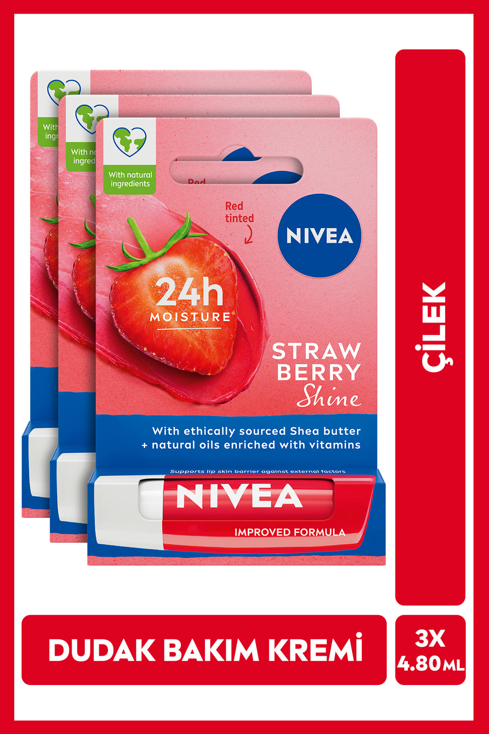 Nivea Lip Care Cream and Lip Gloss 4.8gr, Strawberry Scent, 24 Hours Moisture, Light Red Shine, X3 Pieces