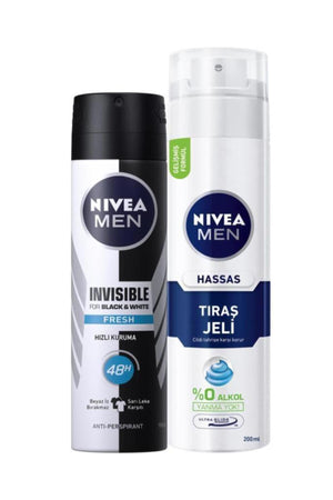 Nivea Invisible Black&white Fresh Men's Deospray 150ml Shaving Gel 200 ml for Sensitive Skin