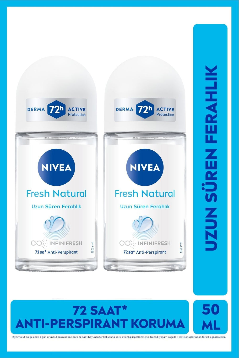 Nivea Women's Roll-on Deodorant Fresh Natural 50ml, 72 Hours Anti-Perspirant Sweat Protection, Alcohol-Free, X2 Pieces
