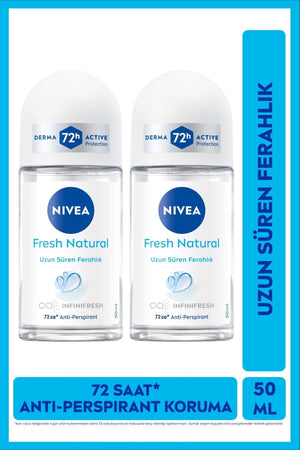 Nivea Women's Roll-on Deodorant Fresh Natural 50ml, 72 Hours Anti-Perspirant Sweat Protection, Alcohol-Free, X2 Pieces