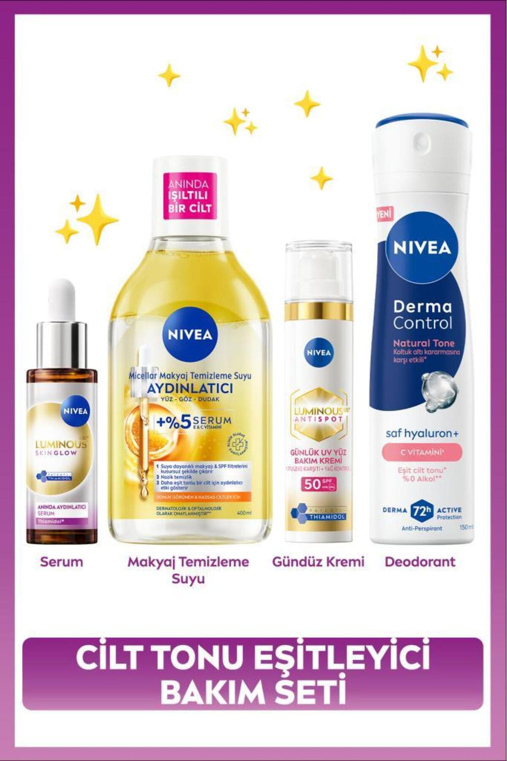 Nivea Skin Tone Equalizing Care Set, Brightening Serum, Make-up Cleansing Water, Day Cream and Deodorant