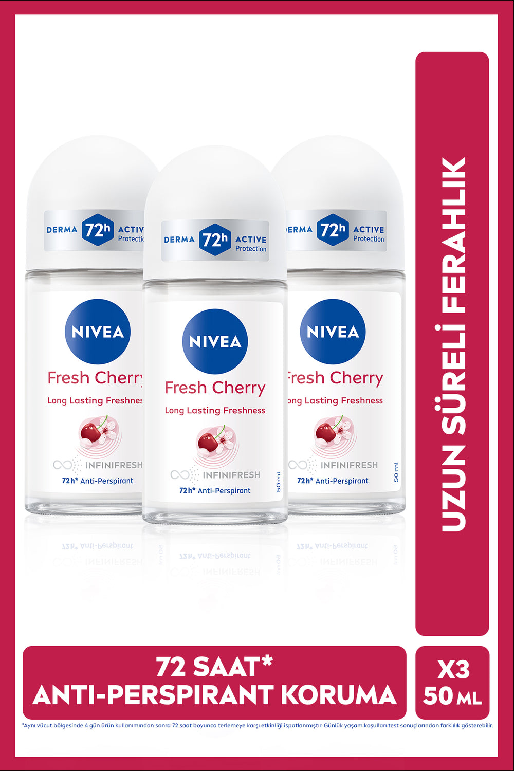 Nivea Women's Roll-on Deodorant Fresh Cherry 50ml, 72 Hours Anti-perspirant Sweat Protection, X3 Pieces