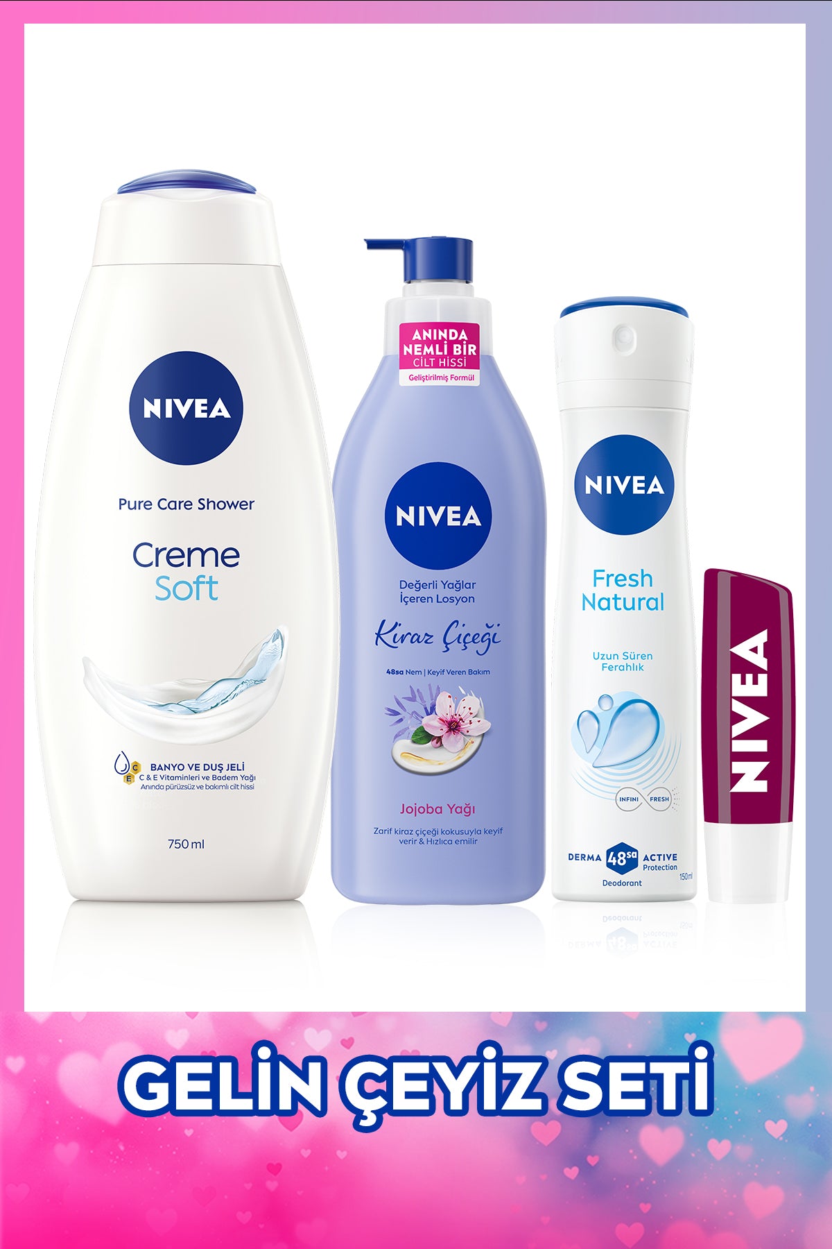 Nivea Bridal Dowry Set, Creme Soft Shower Gel, Moisturizing Body Lotion, Spray Deodorant and Lip Balm