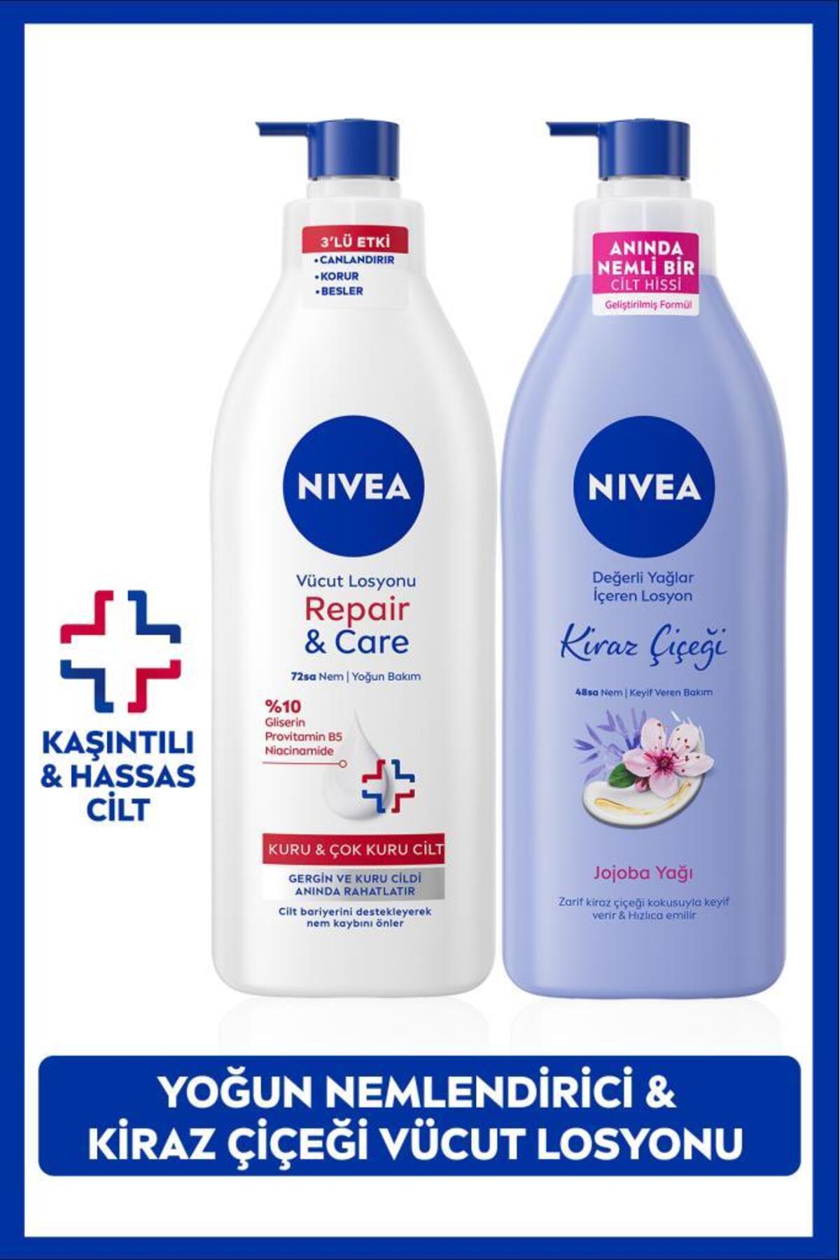 Nivea Cherry Blossom Body Lotion and Repair&Care Moisturizing Lotion 400ml, Soothing, Dry Skin