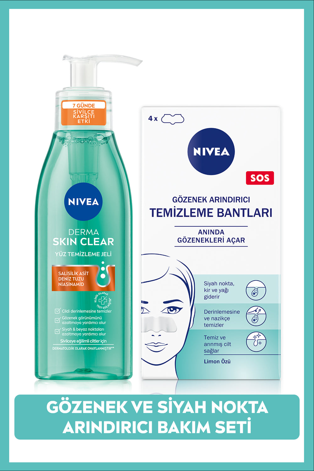 Nivea Anti-Acne Facial Cleansing Gel Derma Skin Clear 150ml and Blackhead Cleaning Nose Strip Set