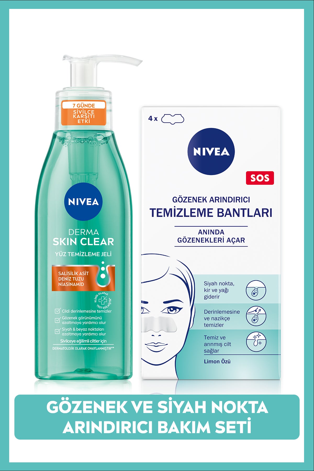 Nivea Anti-Acne Facial Cleansing Gel Derma Skin Clear 150ml and Blackhead Cleaning Nose Strip Set