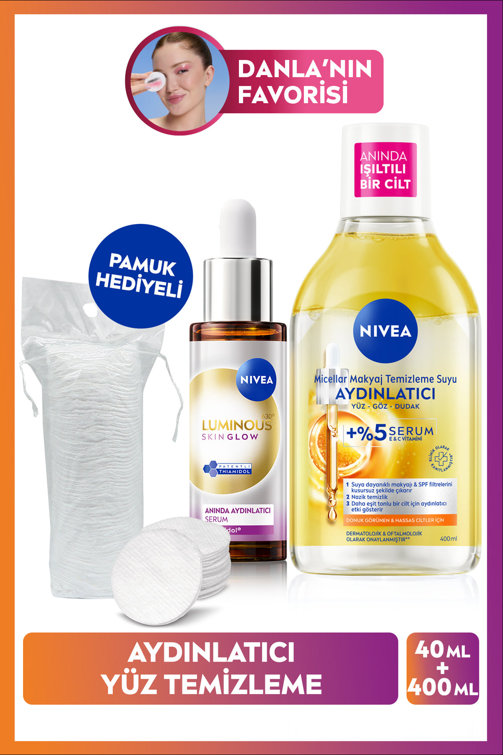 Nivea Brightening Care Set, Make-up Cleansing Water 400ml and Luminous630 Skin Glow Serum 30ml, Cotton Gift