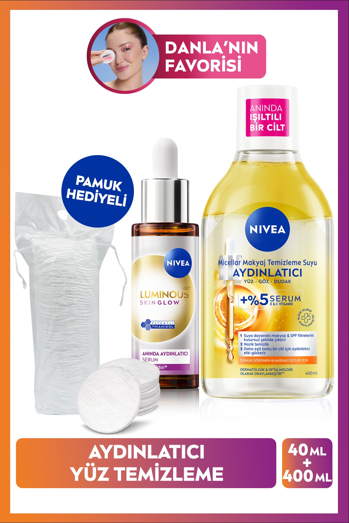 Nivea Brightening Care Set, Make-up Cleansing Water 400ml and Luminous630 Skin Glow Serum 30ml, Cotton Gift