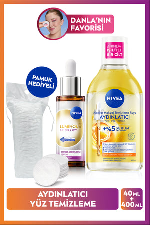Nivea Brightening Care Set, Make-up Cleansing Water 400ml and Luminous630 Skin Glow Serum 30ml, Cotton Gift