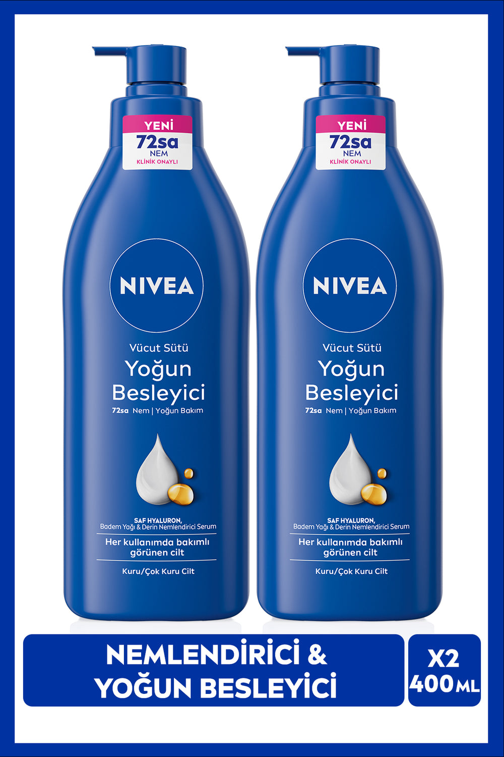 Nivea Intensive Nourishing Body Milk 400ml, Very Dry Skin, Hyaluron, Deep Moisturizing Body Care, X2pcs