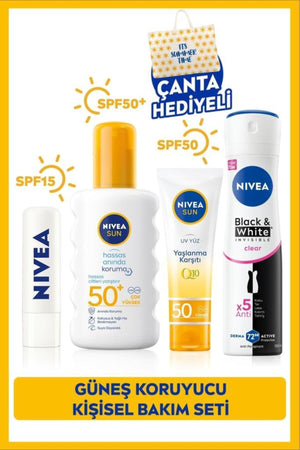 Nivea SUN SPF50 Sensitive Sunscreen Set, Body Spray, Face Cream, Deodorant and Lip Balm, Beach Bag