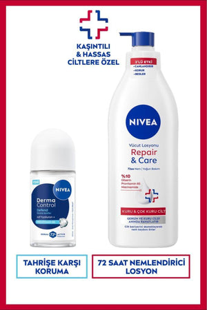 Nivea Women's Roll-on Deodorant Derma Control Defend 50ml and Repair&Care Moisturizing Body Lotion 400ml